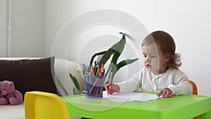 education caucasian little child daughter happy funny kid curly baby girl with draws picture at table. concentrated