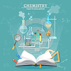 Education chemistry lesson open book test tube