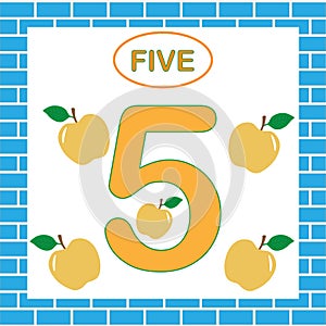 Education for children. Learning numbers, mathematics. Card with number 5 five.