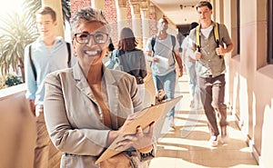 Education clipboard, students and portrait of teacher happy on college campus for coaching, teaching and learning