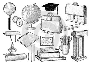 Education collection illustration, drawing, engraving, ink, line art, vector