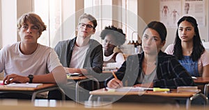 Education, college and students sitting in a classroom for learning, studying or future development. School, university