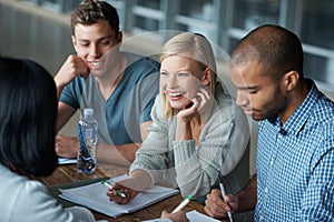 Education, college and students in study group for learning, working together on project and research. Paper, writing