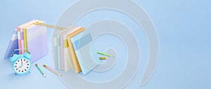 Education concept. 3d of books and clock on blue background. Modern flat design isometric concept of Education. Back to school