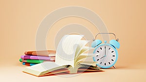 Education concept. 3d of books and clock on orange background. Modern flat design isometric concept of Education. Back to school