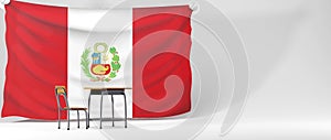 Education concept. 3d of desk and Peru flag on white background. Modern flat design isometric concept of Education. Back to school