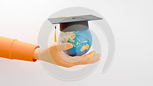 Education concept. 3d of the world wearing graduation hat on hand on white background. Modern flat design isometric concept of