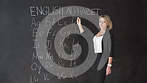 Education concept - ABC alphabet school blackboard concept. School teacher writing ABC alphabet in English class or