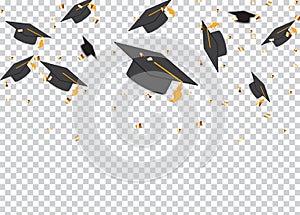 Education Concept Background. Graduation caps and confetti. vector illustration