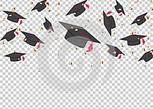 Education Concept Background. Graduation caps and confetti. vector illustration