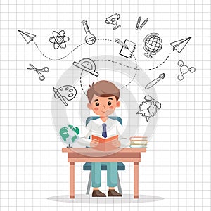 Education concept banner. Cute schoolboy sitting at his desk and studying on a checkered background with science icons