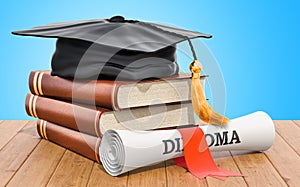 Education concept. Books with graduation cap and diploma on the