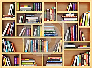 Education concept. Books and textbooks on the bookshelf.