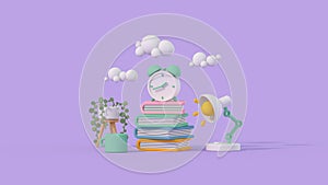 Education concept cartoony books clock and desk lamp 3D render illustration