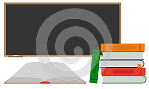 Education. A concept consisting of an open book, a stack of books, and a blackboard.