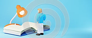 Education concept. 3d of a man and book on blue background. Modern flat design isometric concept of Education. Back to school