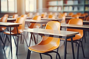 Education Concept: Empty Classroom with Tables and Chairs, Blurred Background. AI