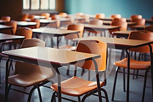 Education Concept: Empty Classroom with Tables and Chairs, Blurred Background. AI