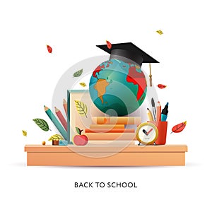 Education concept, a globe of the world with textbooks and a college graduate cap, design elements isolated on white