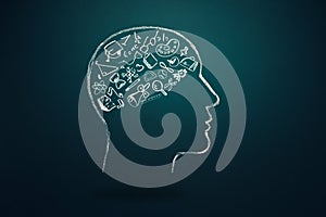 Education concept. human head with hand drawn school doodle icons. Studying, knowledge, learning idea. Copy space