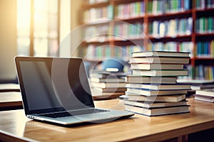 Education concept with laptop and books stack with library background. Generative AI