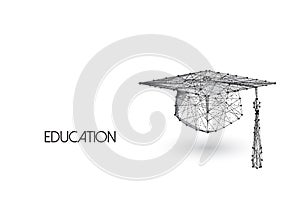 Education concept with low polygonal graduation hat isolated on white background