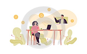 Education concept. Online university, webinar and courses. Vector flat people illustration. Female student sitting at desk with