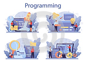 IT education concept set. Student write software and create code