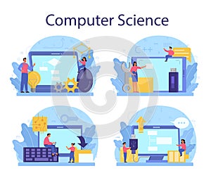 IT education concept set. Student write software and create code