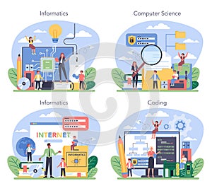 IT education concept set. Student write software and create code