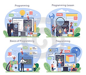 IT education concept set. Student write software and create code