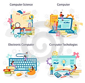 IT education concept set. Student write software and create code for computer