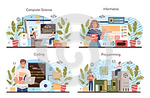 IT education concept set. Student write software and create code