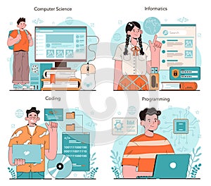IT education concept set. Student write software and create code