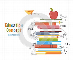 Education concept . Stack books with doodles line drawing formulas and geometric shapes.Back to School Background. Vector Illustra