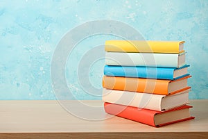 Education concept with stack of books on wooden table