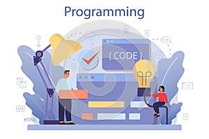 IT education concept. Student write software and create code