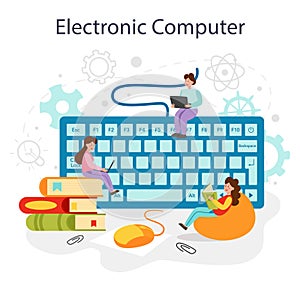 IT education concept. Student write software and create code for computer