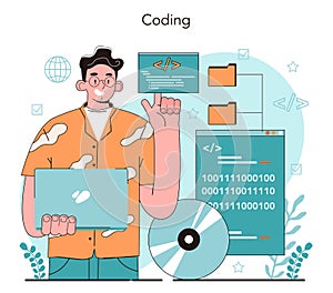 IT education concept. Student write software and create code