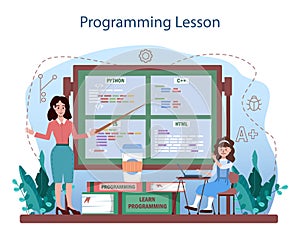 IT education concept. Students learn programming, write software