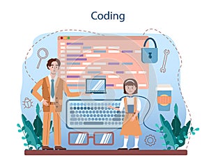 IT education concept. Students learn programming, write software