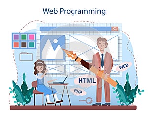 IT education concept. Students learn programming, write software