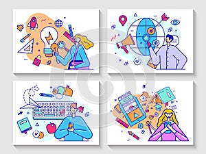 Education concept vector illustration, flat line cartoon people receive knowledge at school, university or college