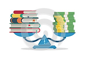 Education costs. Measure on scales value of knowledge and money. Cartoon weigher with stack of books and coins. Price of