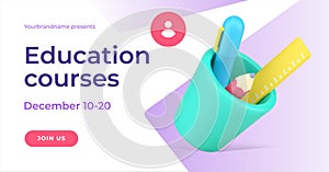 Education courses creative landing page stationery 3d icon and place for text vector illustration