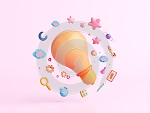 Education or creative. kids space light bulb connect world technology pink pastel. Globalization globe internet spaceship science.