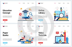 Education digital technology, library, online course modern concept landing page set