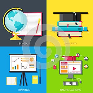 Education distance, online and academic school variations concept backgrounds in retro flat style design. Vector web and mobile