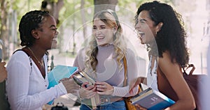 Education, diversity and women friends laughing on university campus together in summer. School, college and study with