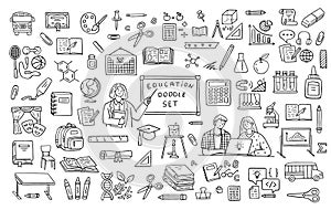 Education doodle icon set. Back to school line hand drawn elements - student, teacher, bus, pen, globe, desk and chair